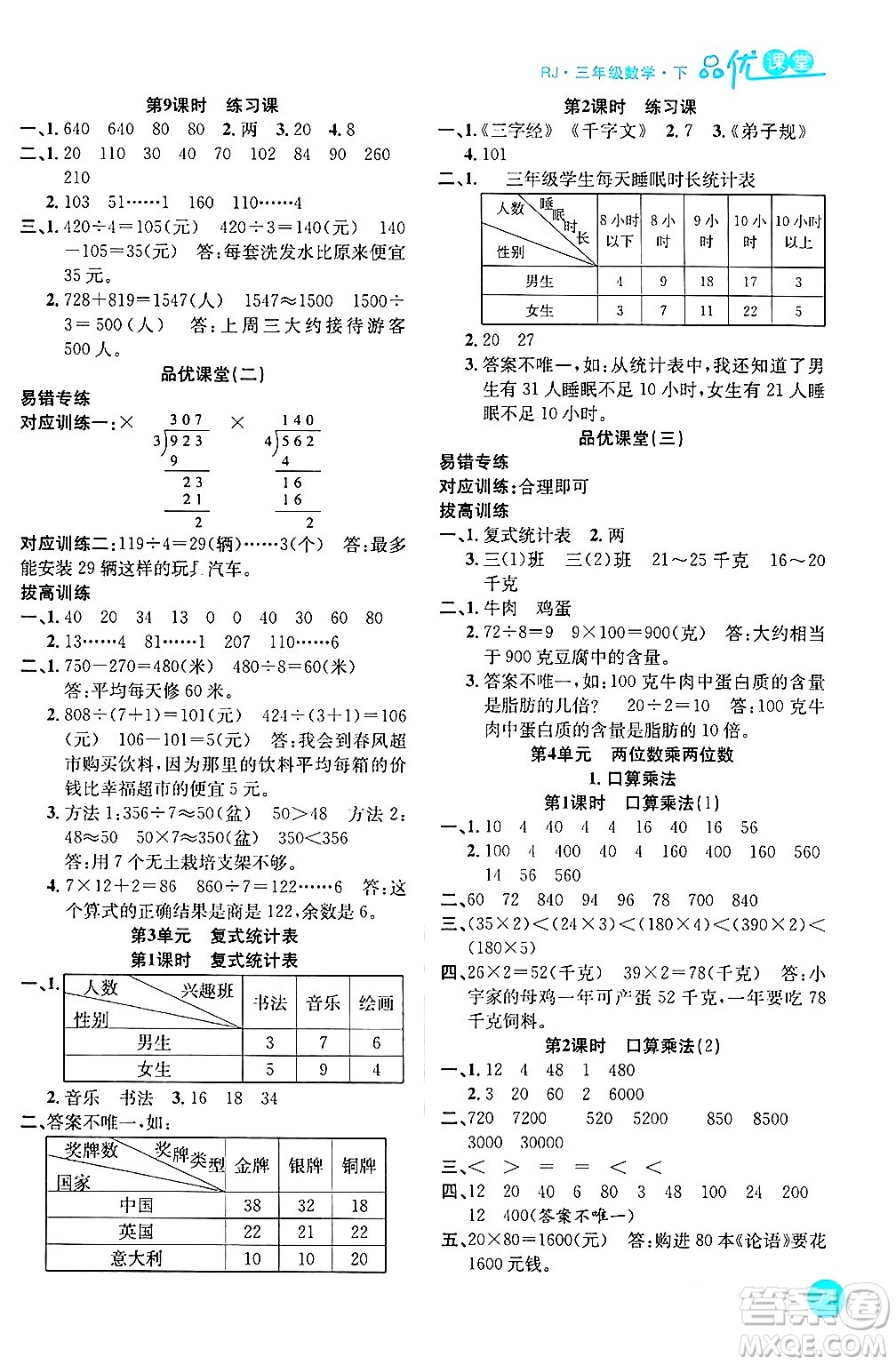 安徽師范大學(xué)出版社2024年春品優(yōu)課堂三年級(jí)數(shù)學(xué)下冊(cè)人教版答案