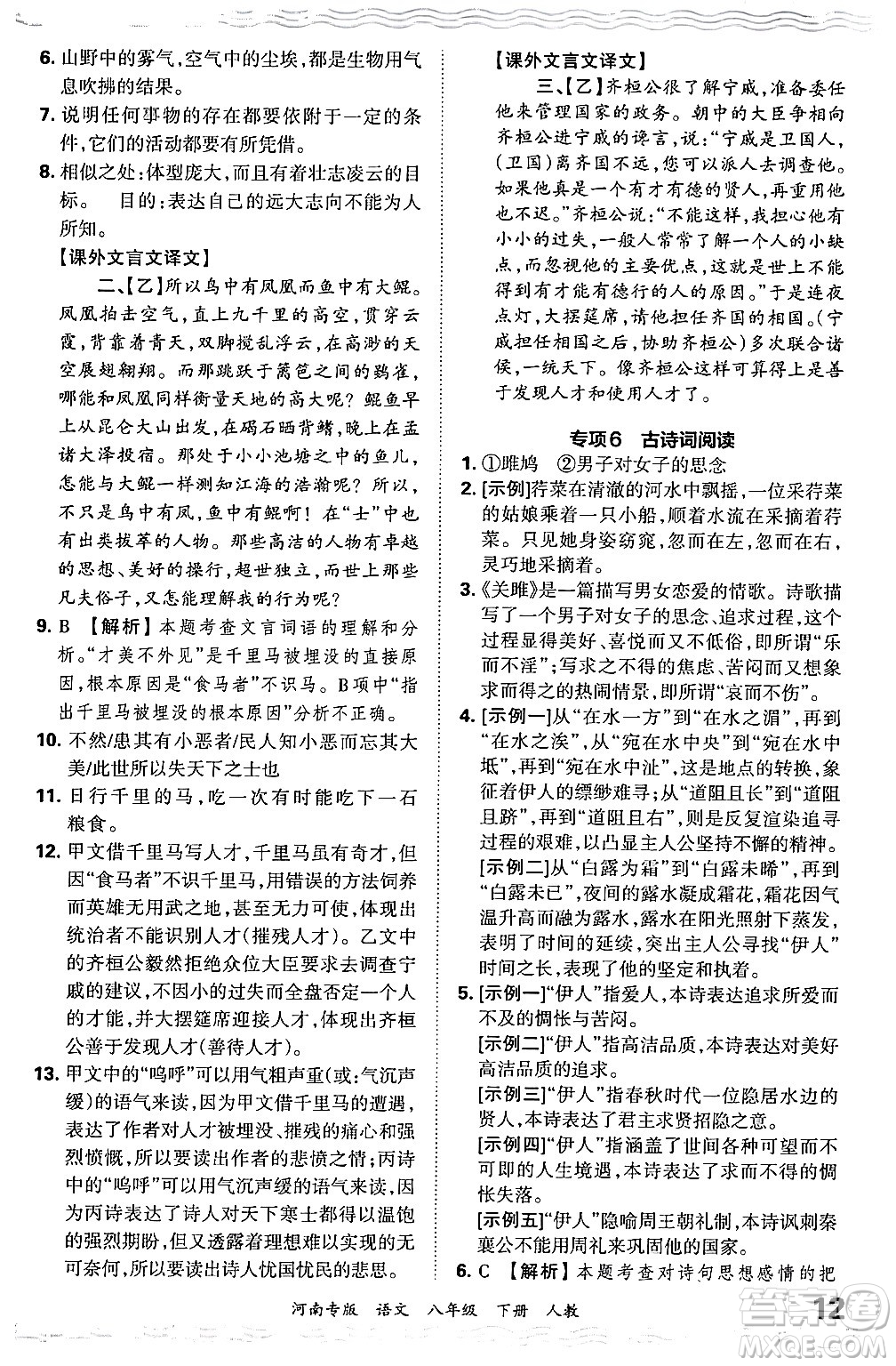 江西人民出版社2024年春王朝霞各地期末試卷精選八年級(jí)語(yǔ)文下冊(cè)人教版河南專版答案