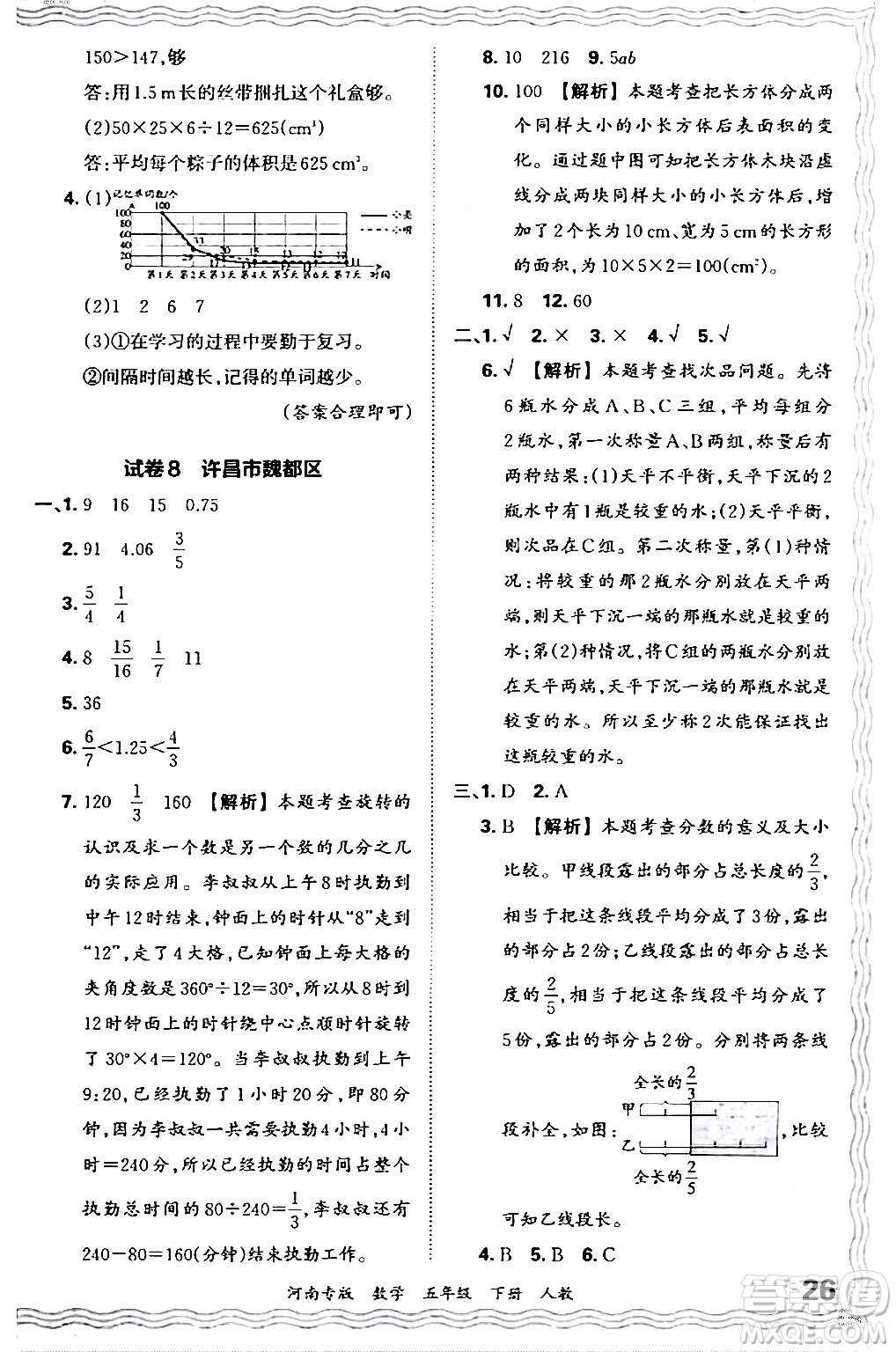 江西人民出版社2024年春王朝霞各地期末試卷精選五年級數(shù)學下冊人教版河南專版答案