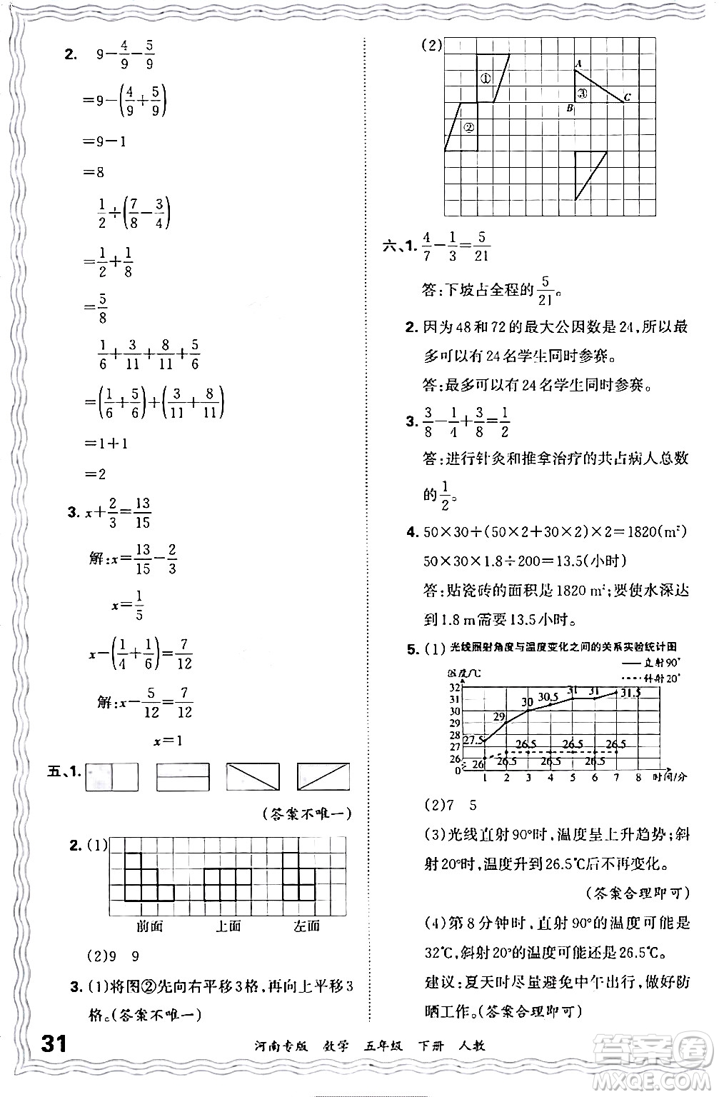 江西人民出版社2024年春王朝霞各地期末試卷精選五年級數(shù)學下冊人教版河南專版答案