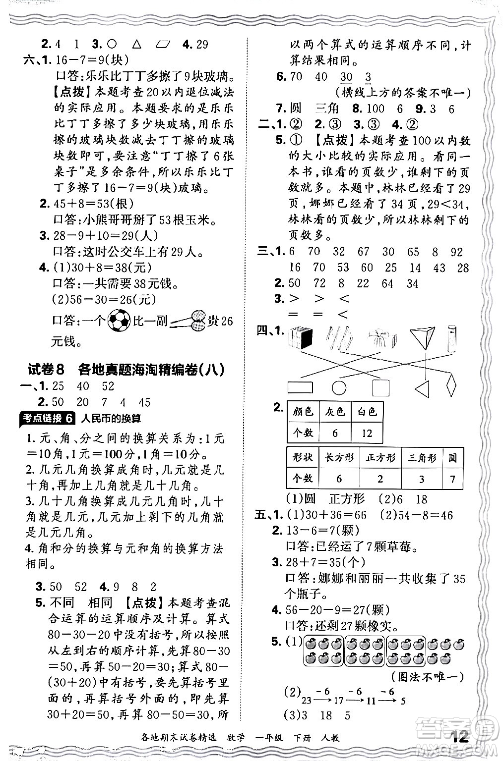 江西人民出版社2024年春王朝霞各地期末試卷精選一年級數(shù)學(xué)下冊人教版答案