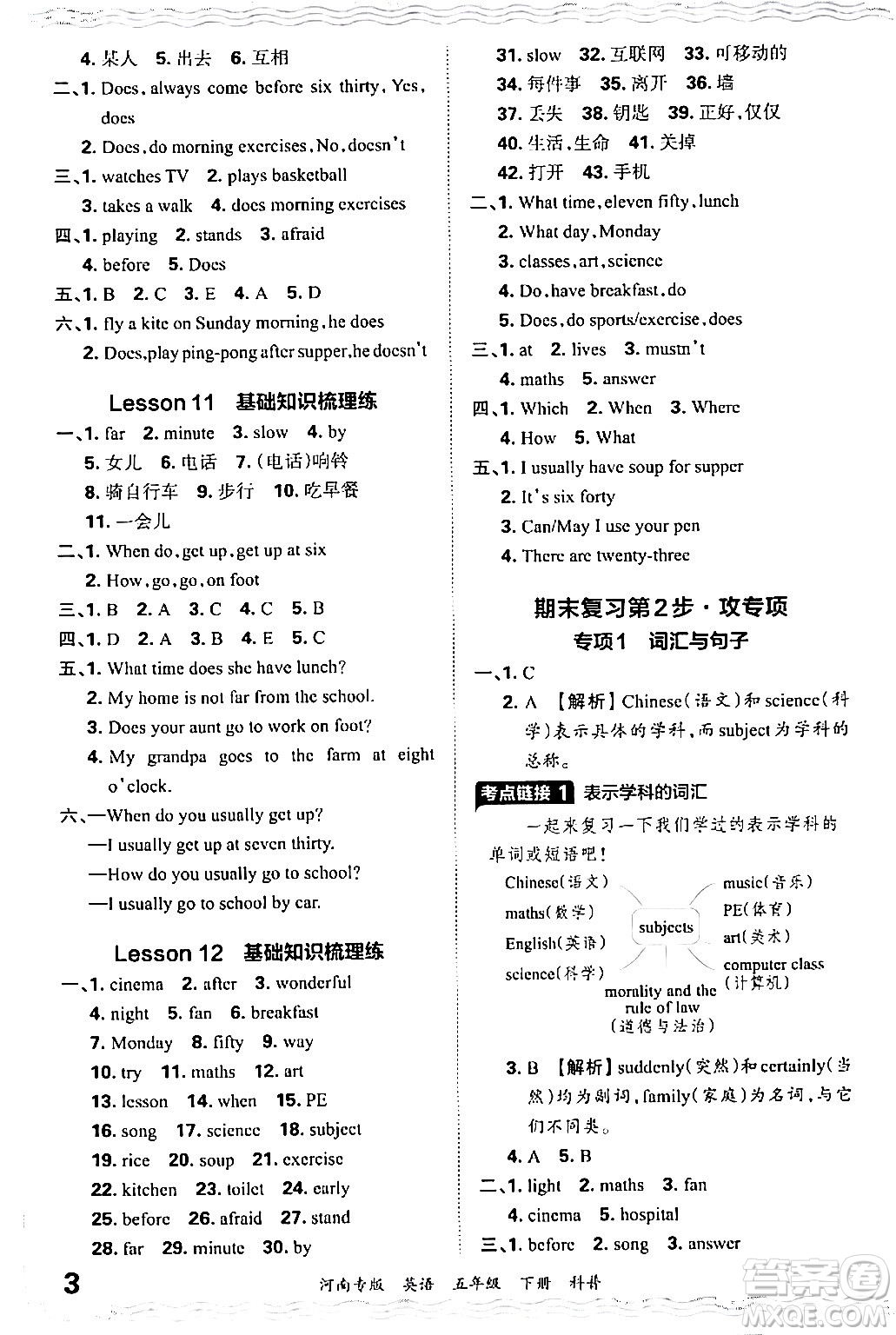 江西人民出版社2024年春王朝霞各地期末試卷精選五年級(jí)英語(yǔ)下冊(cè)科普版河南專版答案