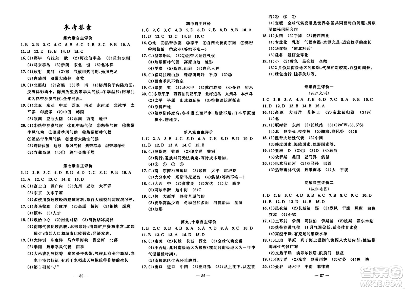 長江少年兒童出版社2024年春智慧課堂自主評價七年級地理下冊通用版答案