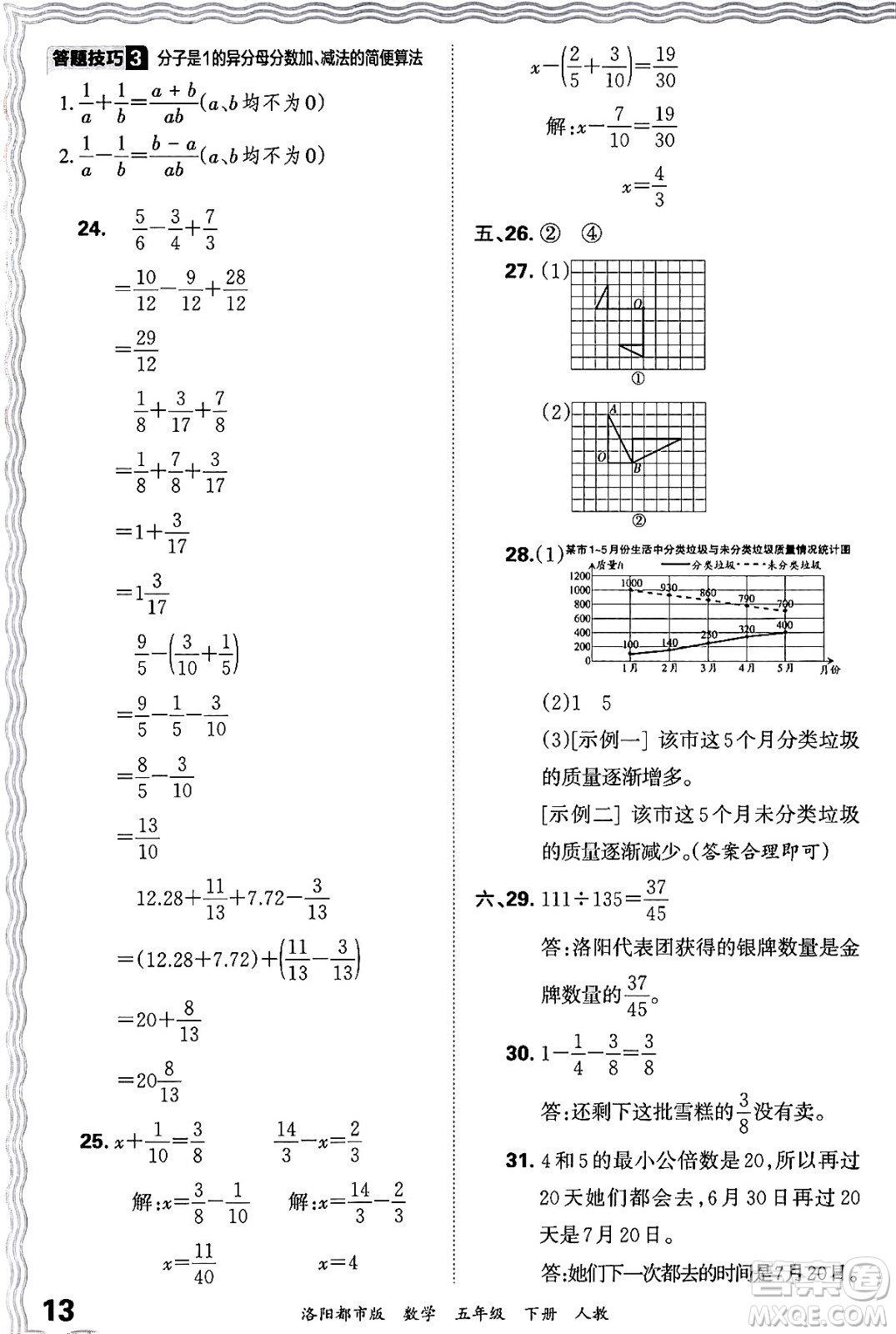 江西人民出版社2024年春王朝霞各地期末試卷精選五年級數(shù)學下冊人教版洛陽專版答案