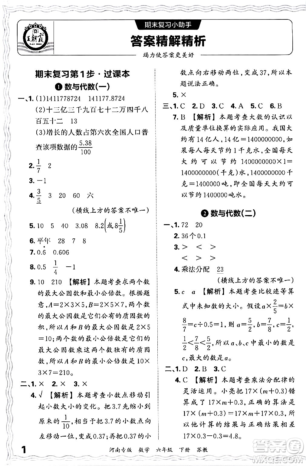 江西人民出版社2024年春王朝霞各地期末試卷精選六年級數學下冊蘇教版河南專版答案