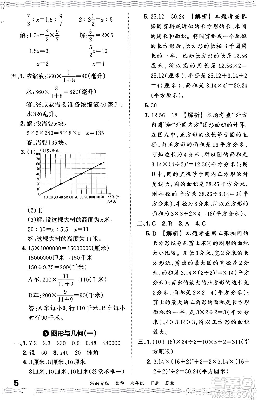 江西人民出版社2024年春王朝霞各地期末試卷精選六年級數學下冊蘇教版河南專版答案