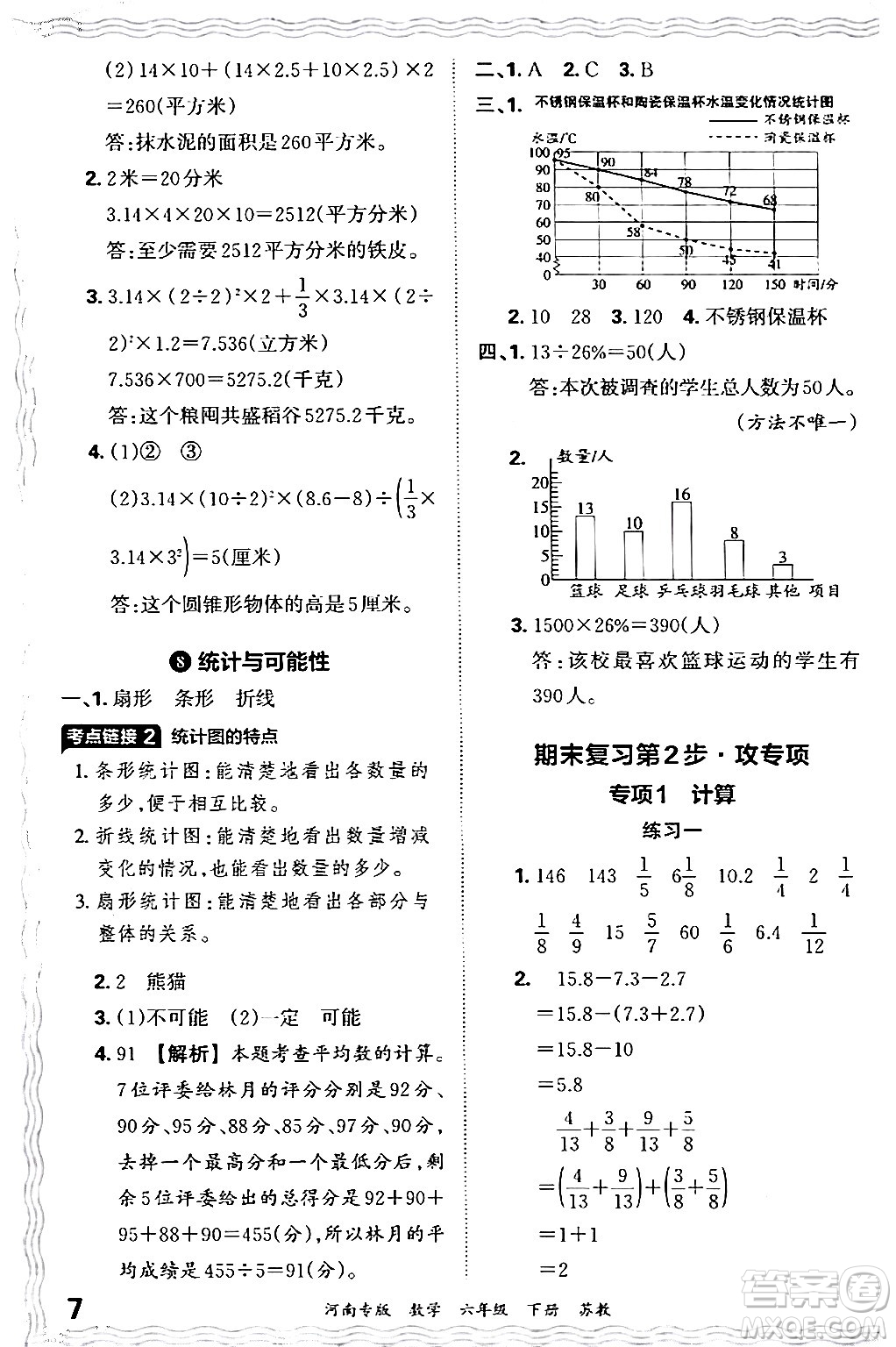 江西人民出版社2024年春王朝霞各地期末試卷精選六年級數學下冊蘇教版河南專版答案