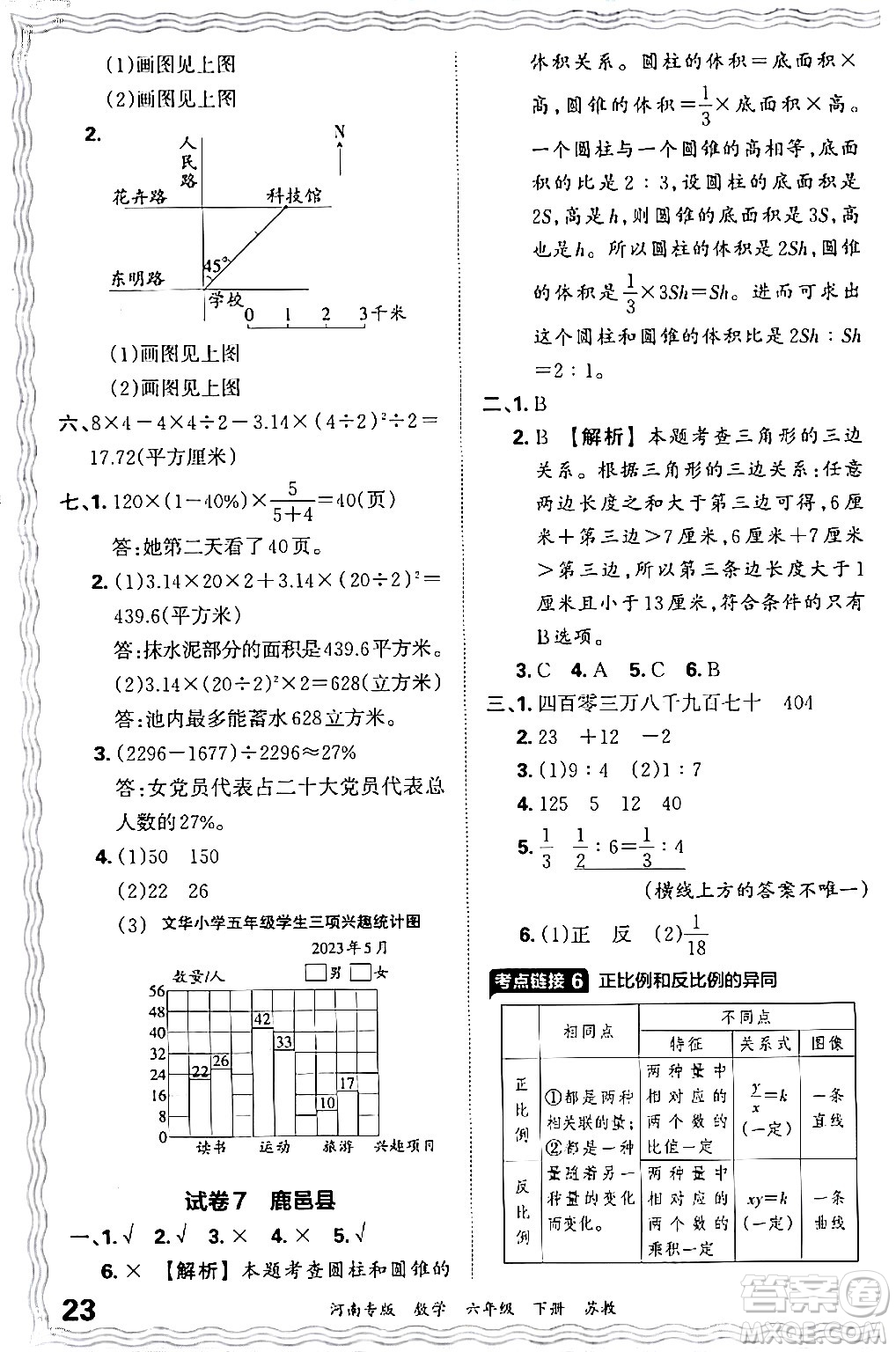 江西人民出版社2024年春王朝霞各地期末試卷精選六年級數學下冊蘇教版河南專版答案