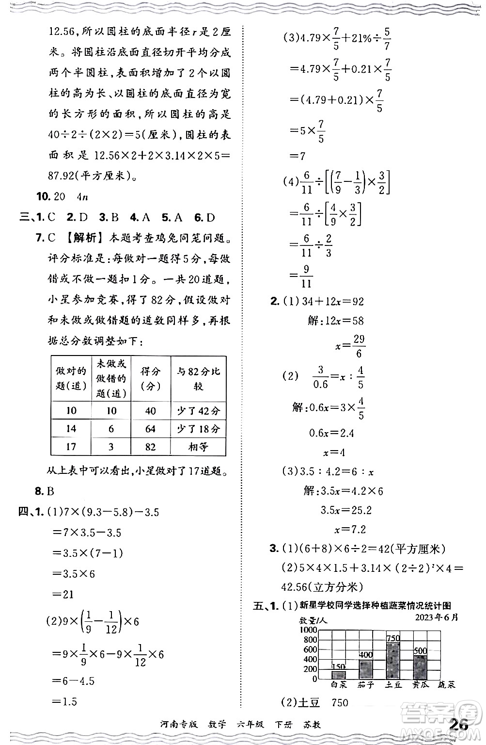 江西人民出版社2024年春王朝霞各地期末試卷精選六年級數學下冊蘇教版河南專版答案