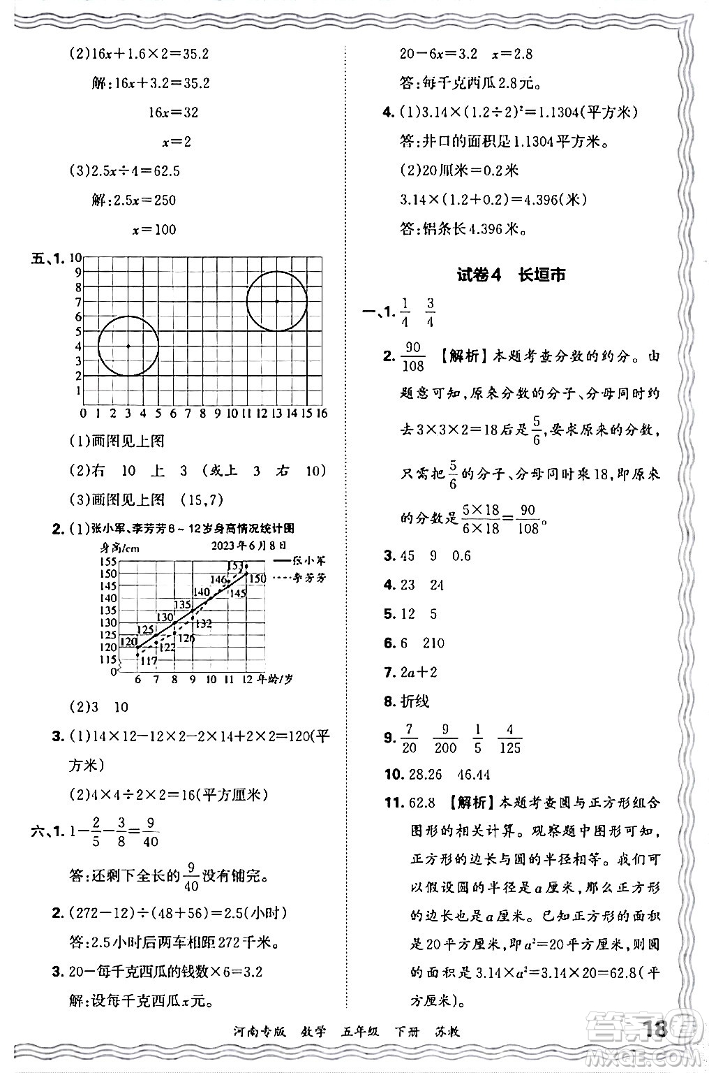 江西人民出版社2024年春王朝霞各地期末試卷精選五年級數(shù)學下冊蘇教版河南專版答案