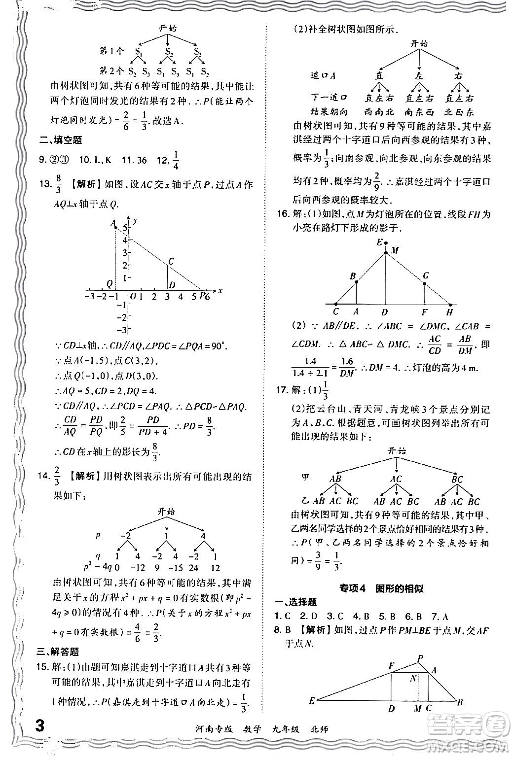 江西人民出版社2024年春王朝霞各地期末試卷精選九年級(jí)數(shù)學(xué)下冊(cè)北師大版河南專版答案