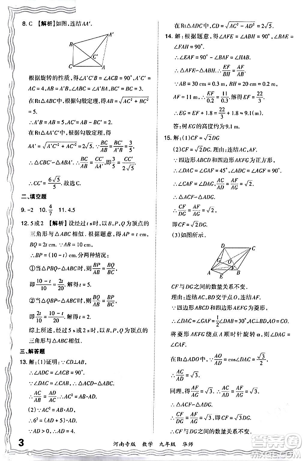 江西人民出版社2024年春王朝霞各地期末試卷精選九年級數(shù)學下冊華師版河南專版答案