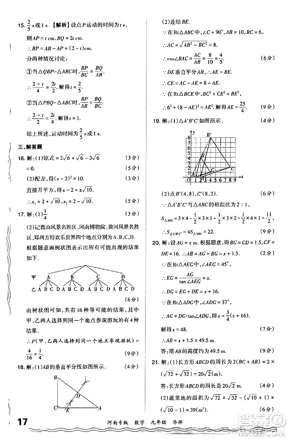 江西人民出版社2024年春王朝霞各地期末試卷精選九年級數(shù)學下冊華師版河南專版答案