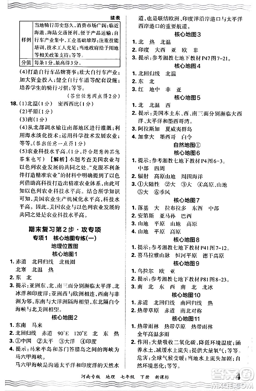 江西人民出版社2024年春王朝霞各地期末試卷精選七年級(jí)地理下冊(cè)新課標(biāo)版河南專(zhuān)版答案