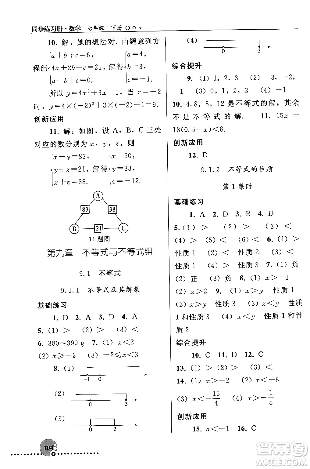 人民教育出版社2024年春義務(wù)教育教科書同步練習(xí)冊七年級數(shù)學(xué)下冊人教版答案