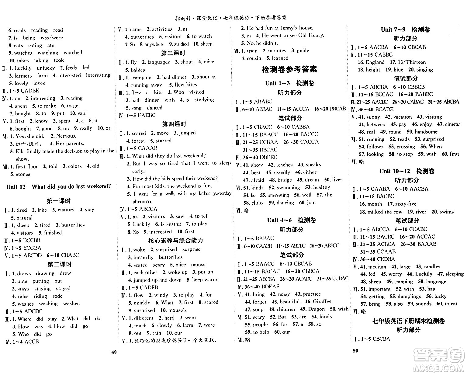 吉林教育出版社2024年春指南針課堂優(yōu)化七年級英語下冊人教版答案