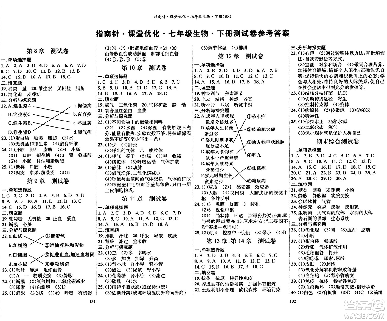 吉林教育出版社2024年春指南針課堂優(yōu)化七年級生物下冊北師大版答案