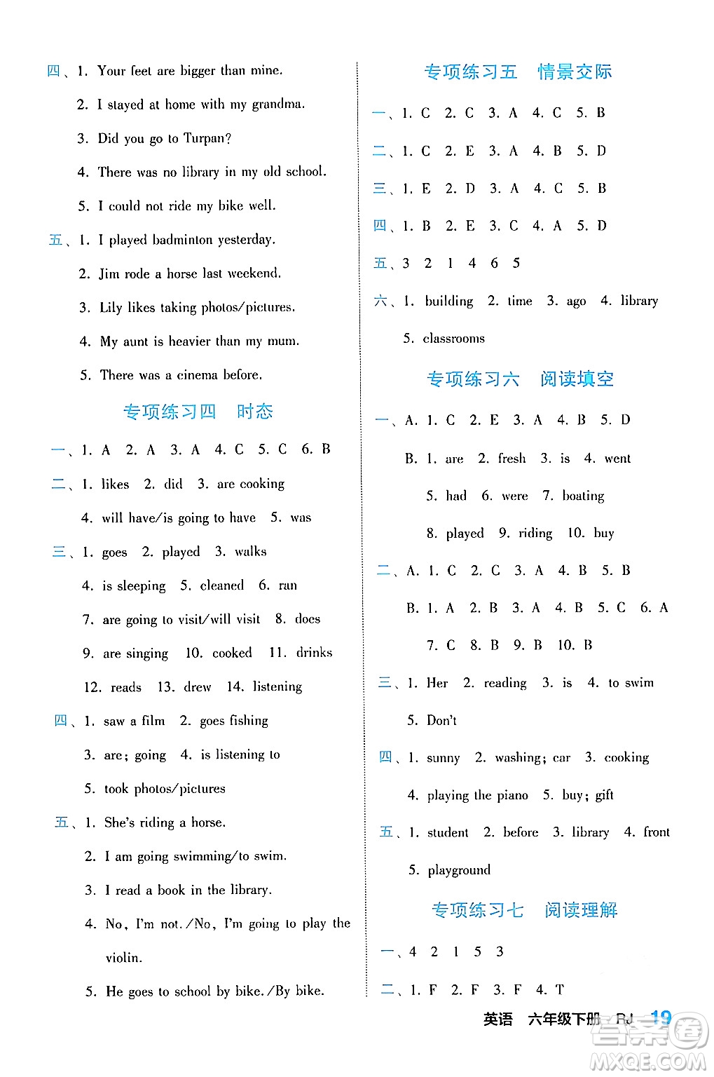 合肥工業(yè)大學(xué)出版社2024年春黃岡課課通同步隨堂檢測(cè)六年級(jí)英語(yǔ)下冊(cè)人教版答案