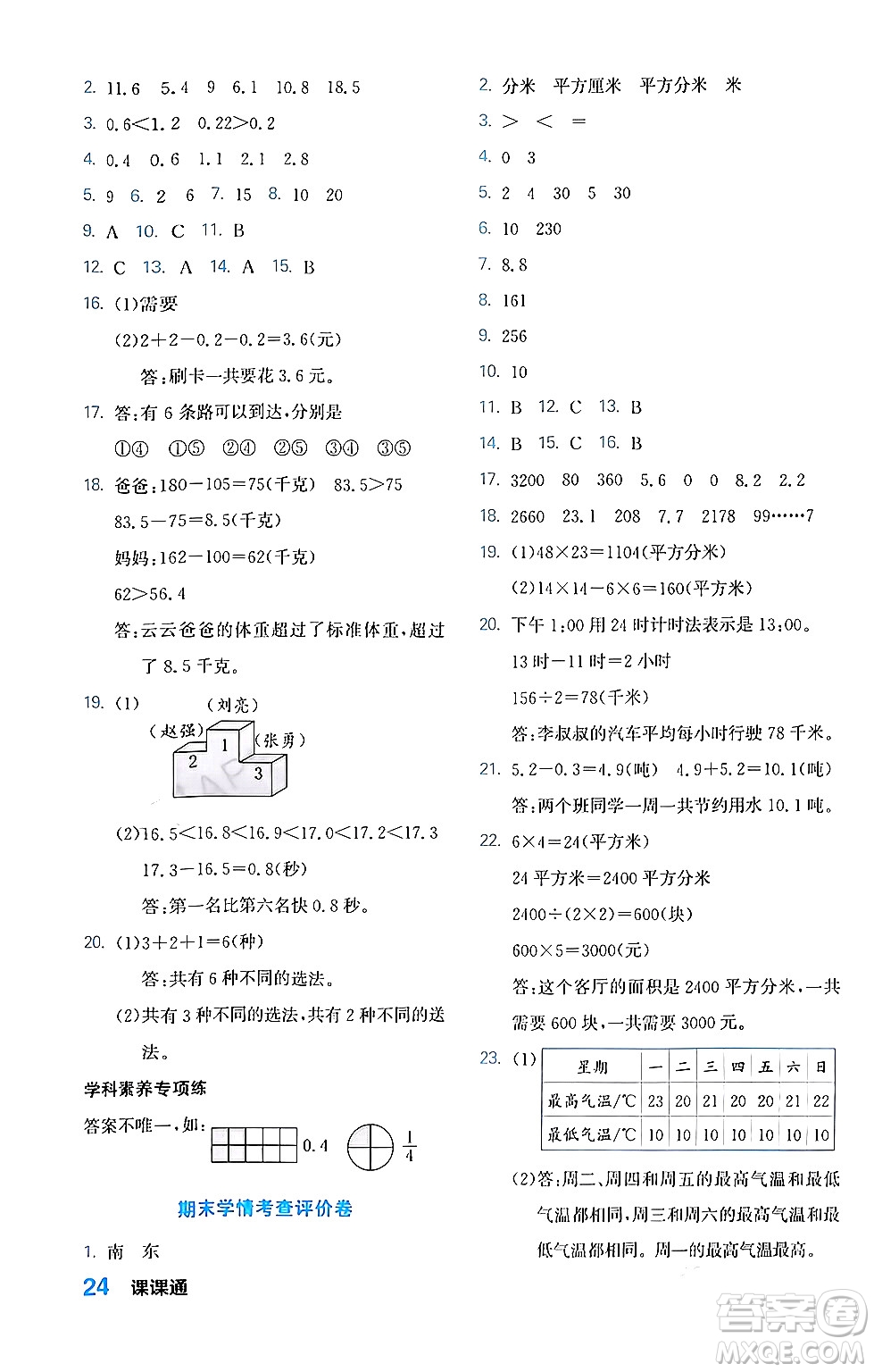 合肥工業(yè)大學(xué)出版社2024年春黃岡課課通同步隨堂檢測三年級(jí)數(shù)學(xué)下冊人教版答案