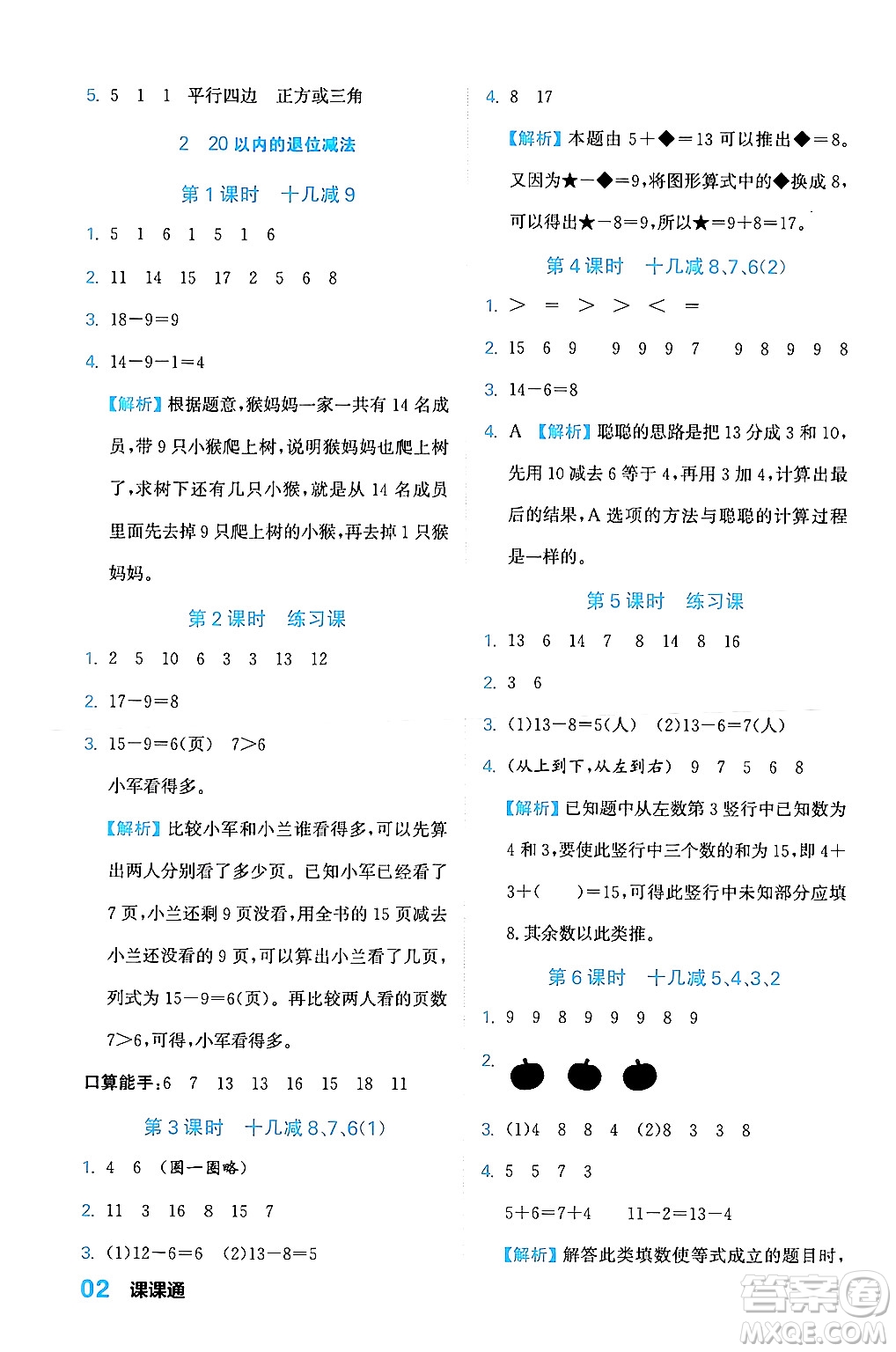 合肥工業(yè)大學(xué)出版社2024年春黃岡課課通同步隨堂檢測(cè)一年級(jí)數(shù)學(xué)下冊(cè)人教版答案