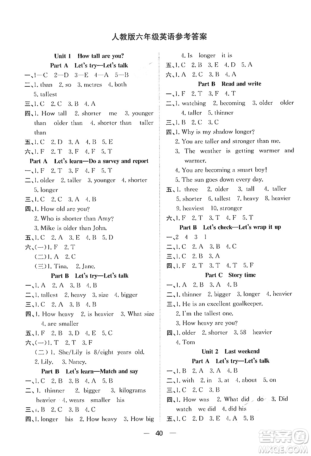 合肥工業(yè)大學(xué)出版社2024年春快樂學(xué)習(xí)小學(xué)英語隨堂練六年級英語下冊人教PEP版答案