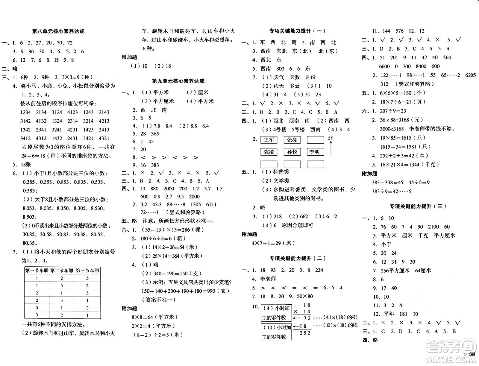 湖南教育出版社2024年春學(xué)科素養(yǎng)與能力提升三年級(jí)數(shù)學(xué)下冊(cè)人教版答案