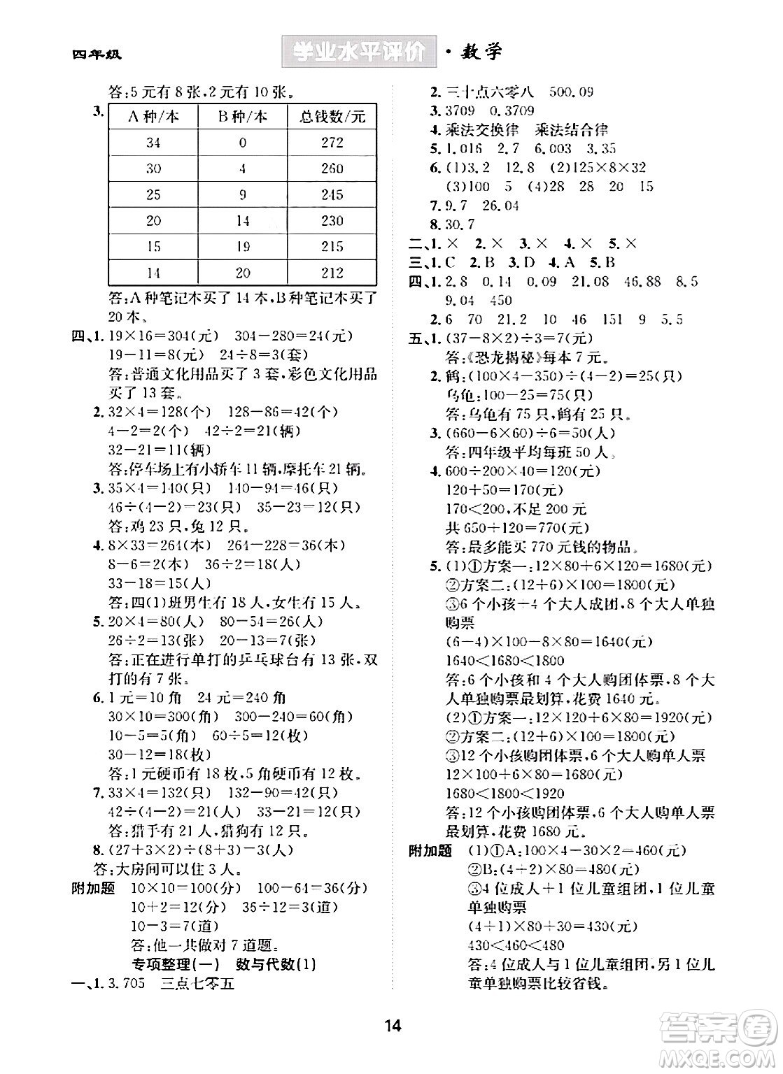 崇文書局2024年春學(xué)業(yè)水平評(píng)價(jià)核心素養(yǎng)提升專練四年級(jí)數(shù)學(xué)下冊(cè)人教版答案