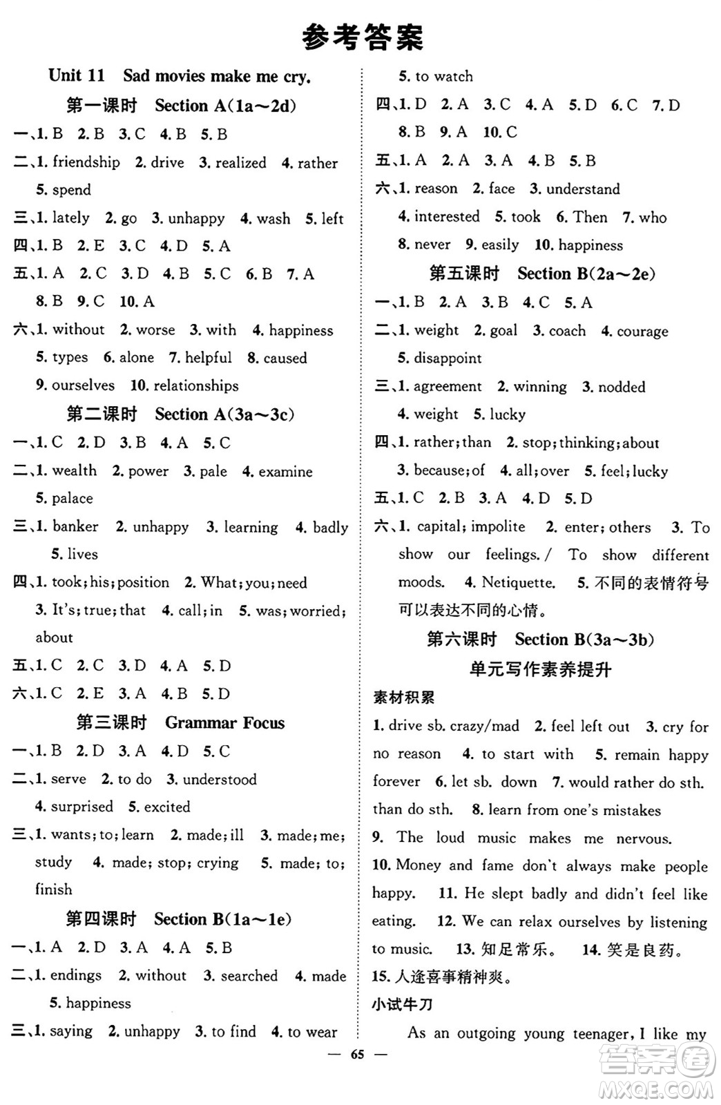 天津科學(xué)技術(shù)出版社2024年春名校智慧智慧學(xué)堂九年級(jí)英語下冊人教版答案