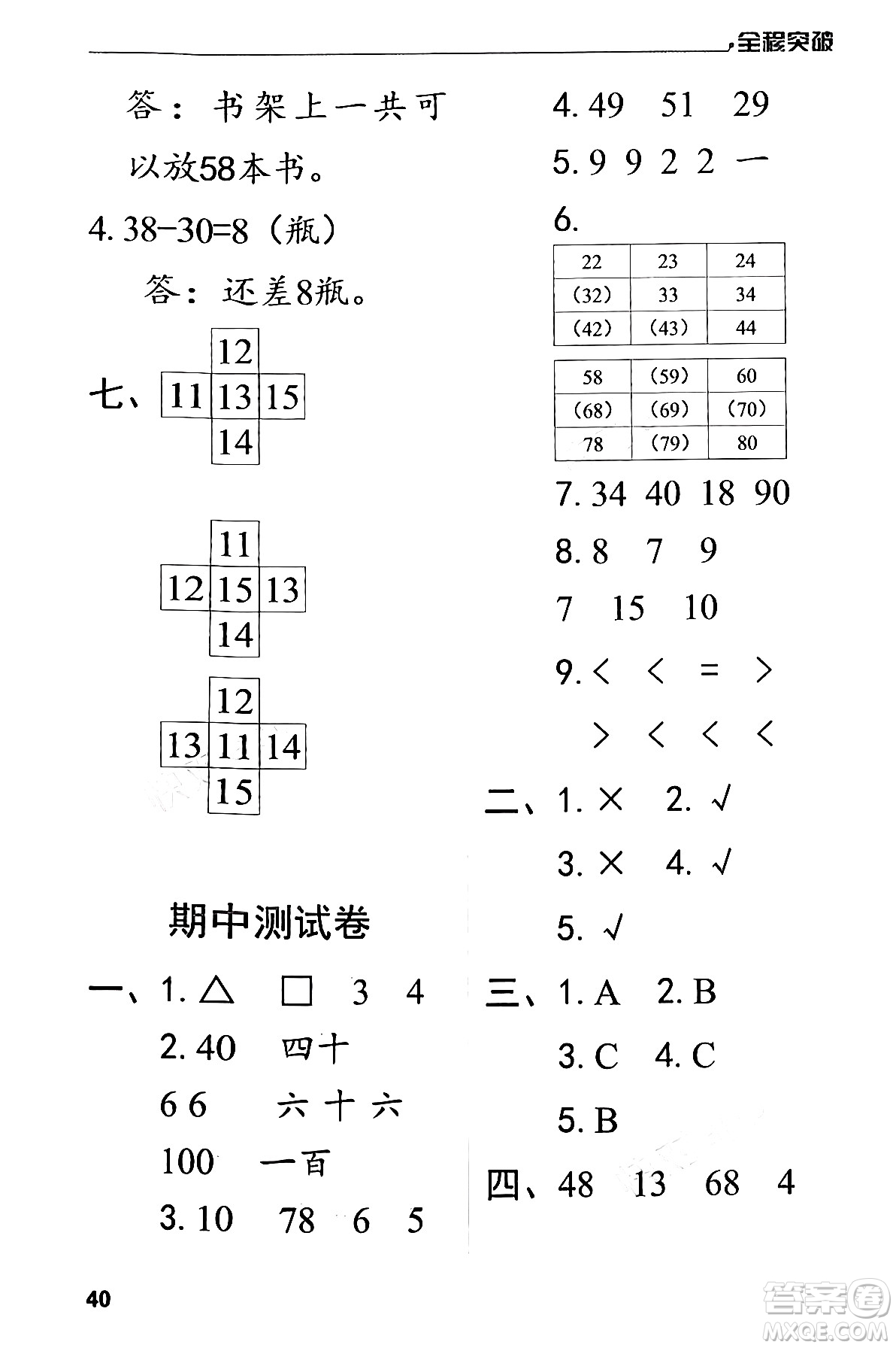 北方婦女兒童出版社2024年春全程突破一年級數(shù)學(xué)下冊人教版答案