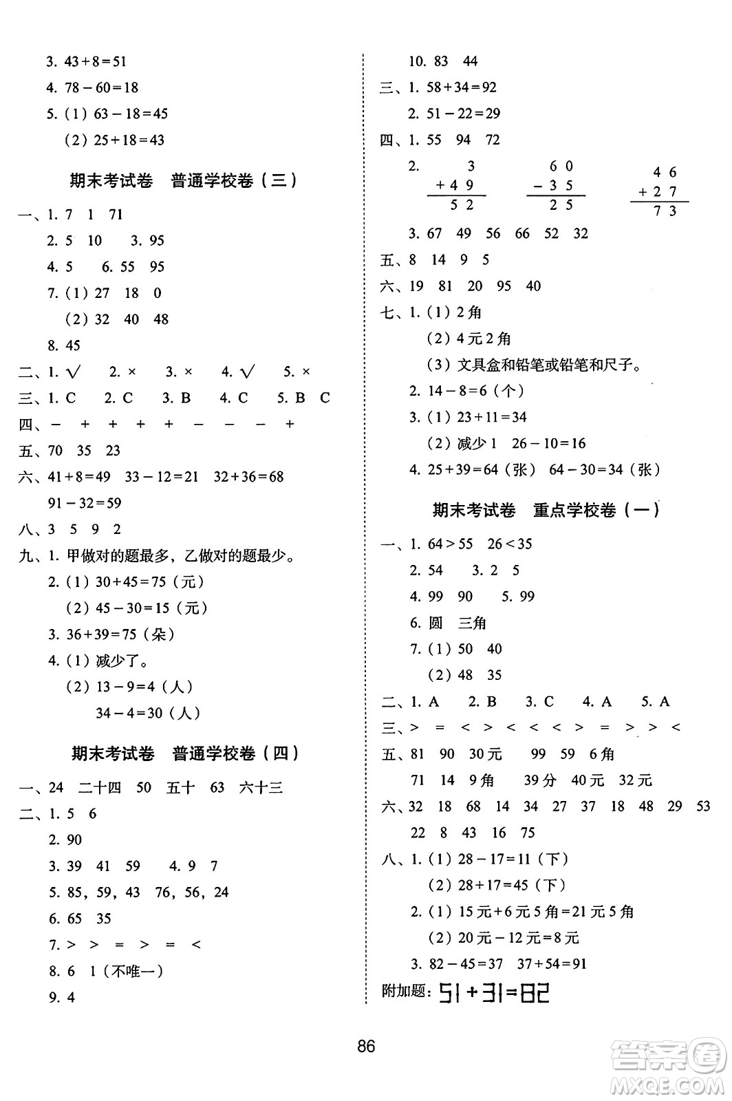 長春出版社2024年春期末沖刺100分完全試卷一年級數(shù)學(xué)下冊蘇教版答案