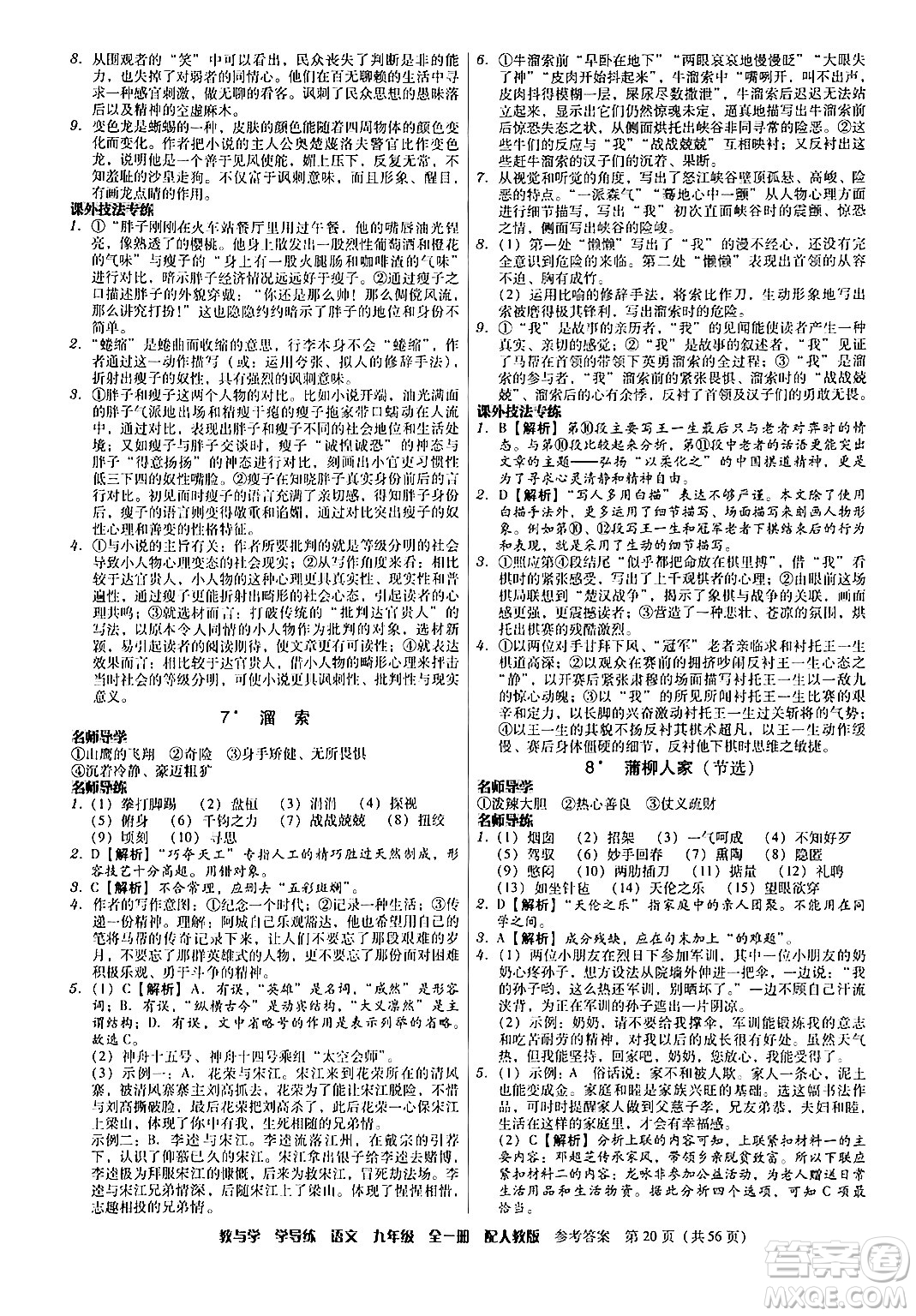 安徽人民出版社2024年春教與學學導練九年級語文下冊人教版答案