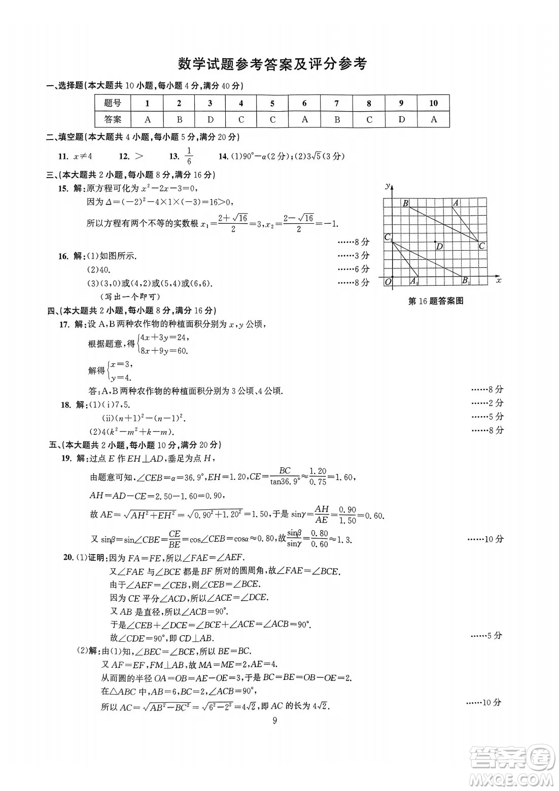 2024安徽中考數(shù)學(xué)真題答案