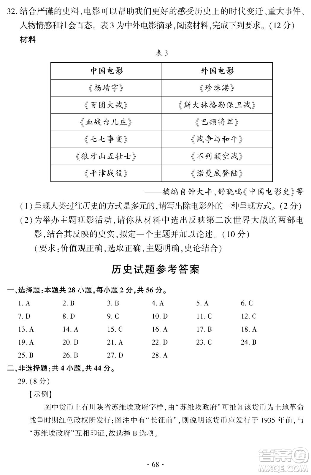 2024福建中考?xì)v史真題答案