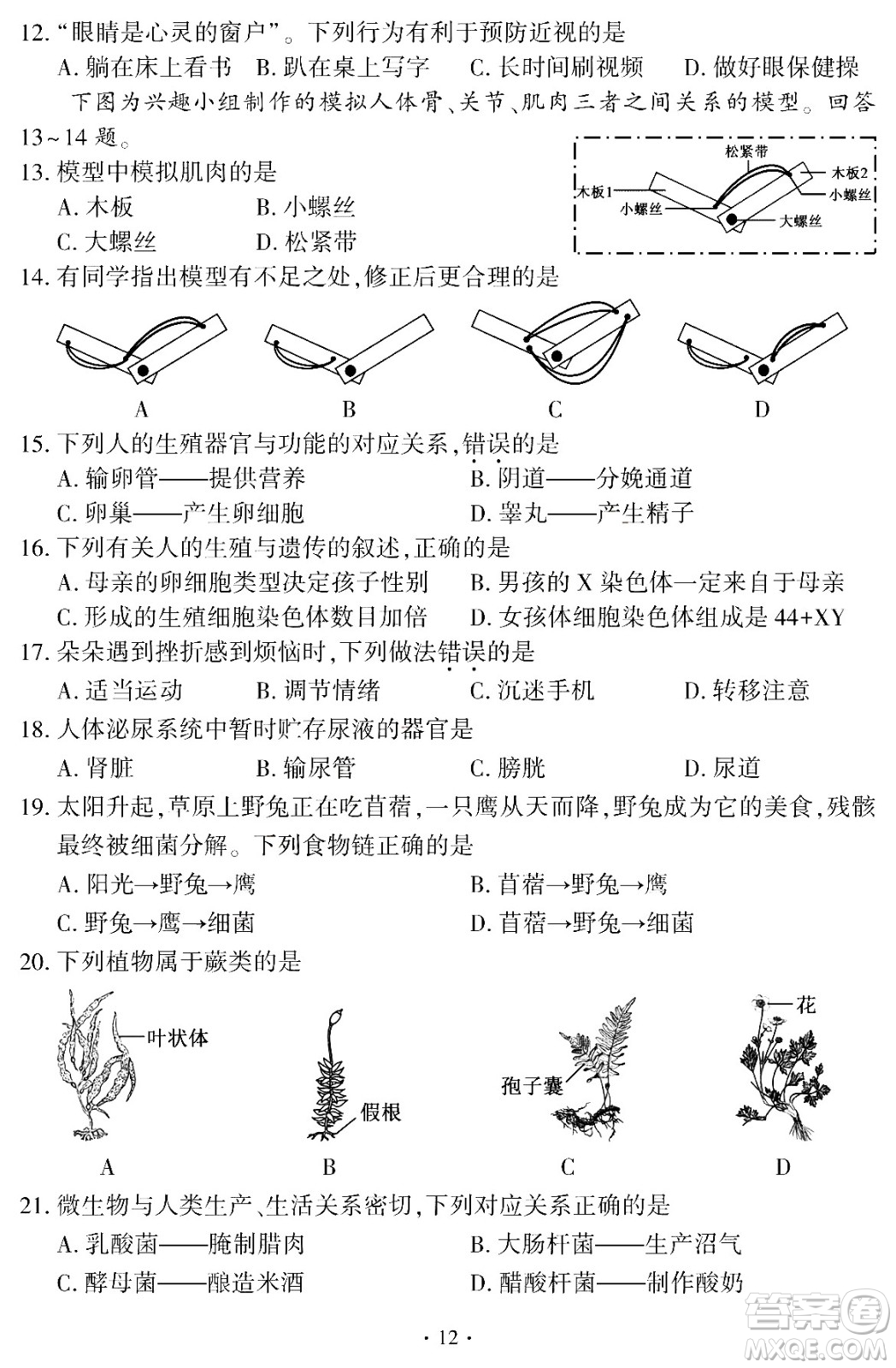 2024福建中考生物真題答案