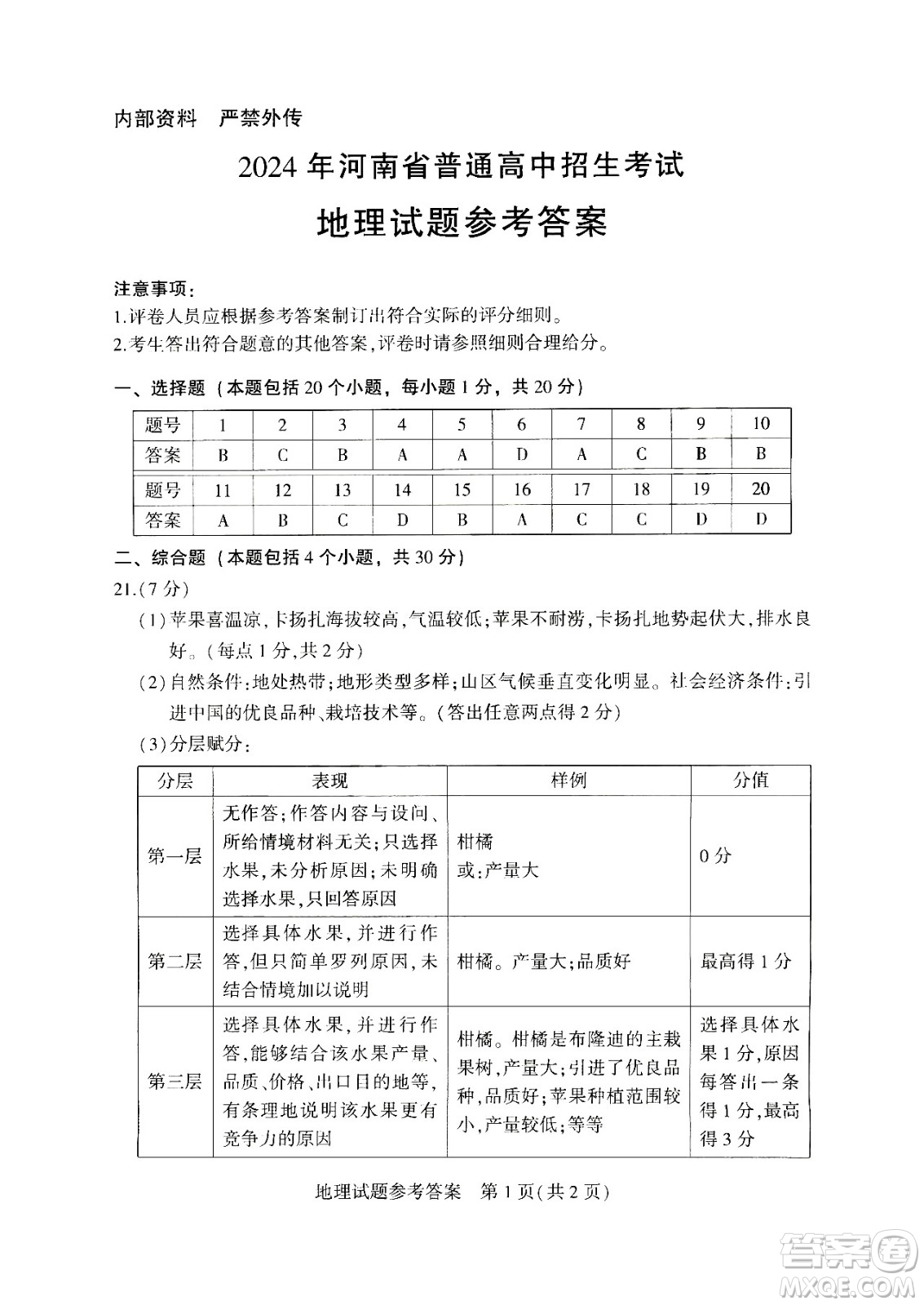 2024河南中考地理真題答案