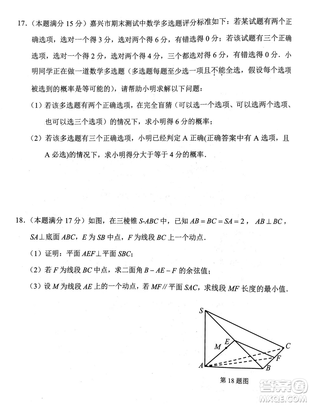 浙江嘉興2024年高一下學(xué)期6月期末檢測數(shù)學(xué)試題答案