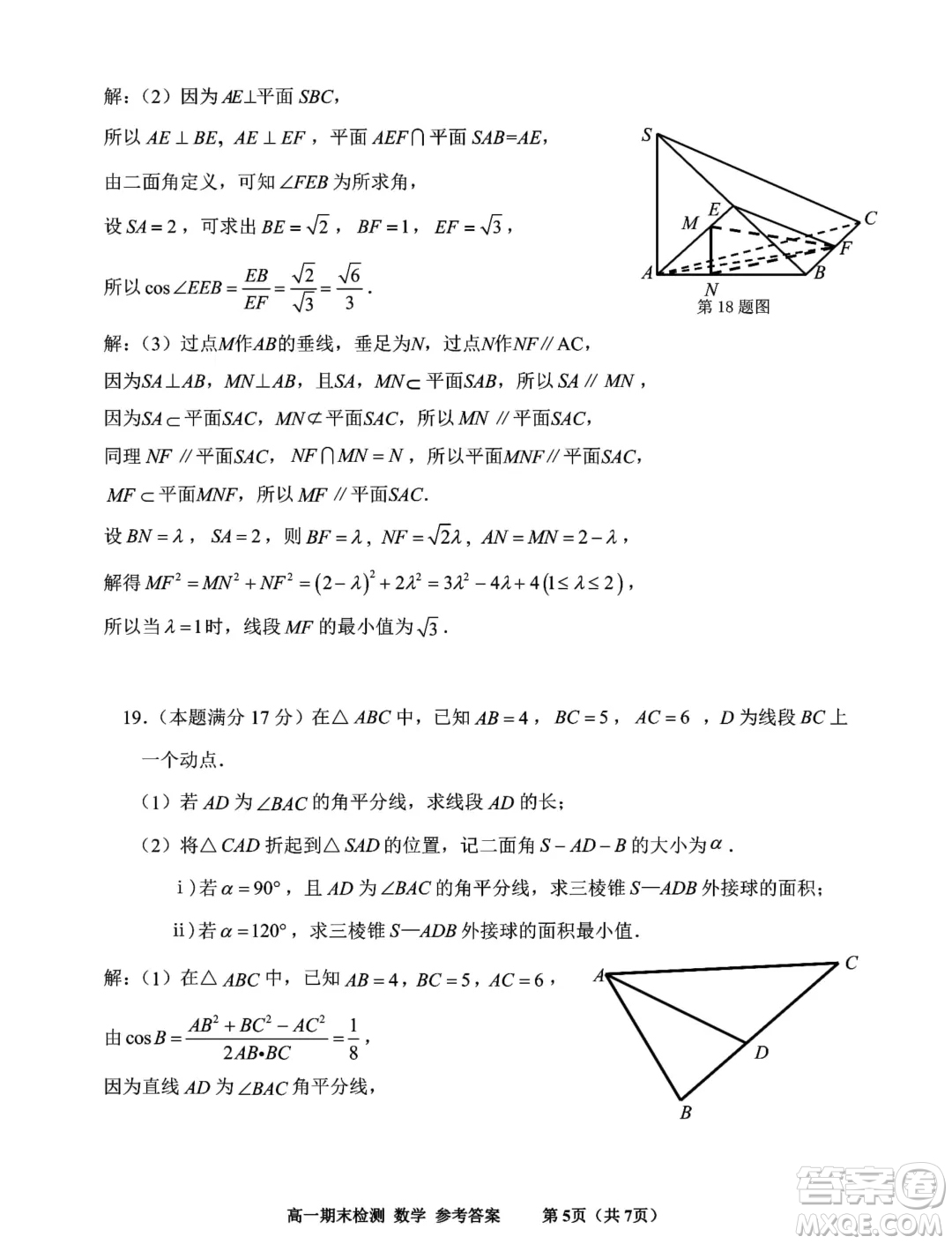 浙江嘉興2024年高一下學(xué)期6月期末檢測數(shù)學(xué)試題答案