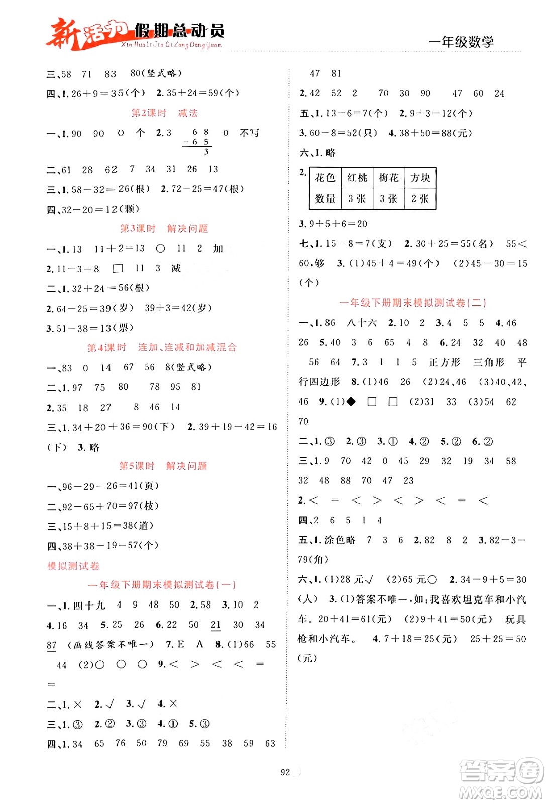 甘肅文化出版社2024年春新活力暑假總動員一年級數(shù)學(xué)全一冊通用版答案