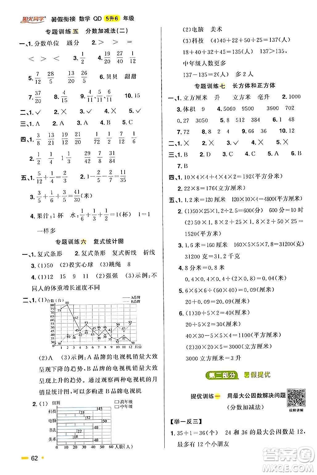 江蘇教育出版社2024年春陽光同學(xué)暑假銜接5升6年級數(shù)學(xué)全一冊青島版答案