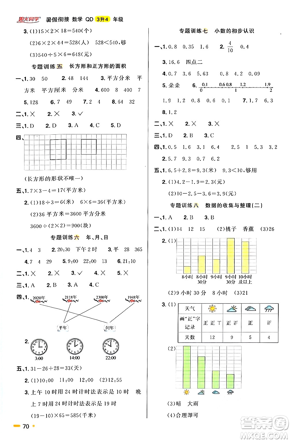 江蘇教育出版社2024年春陽光同學暑假銜接3升4年級數(shù)學全一冊青島版答案