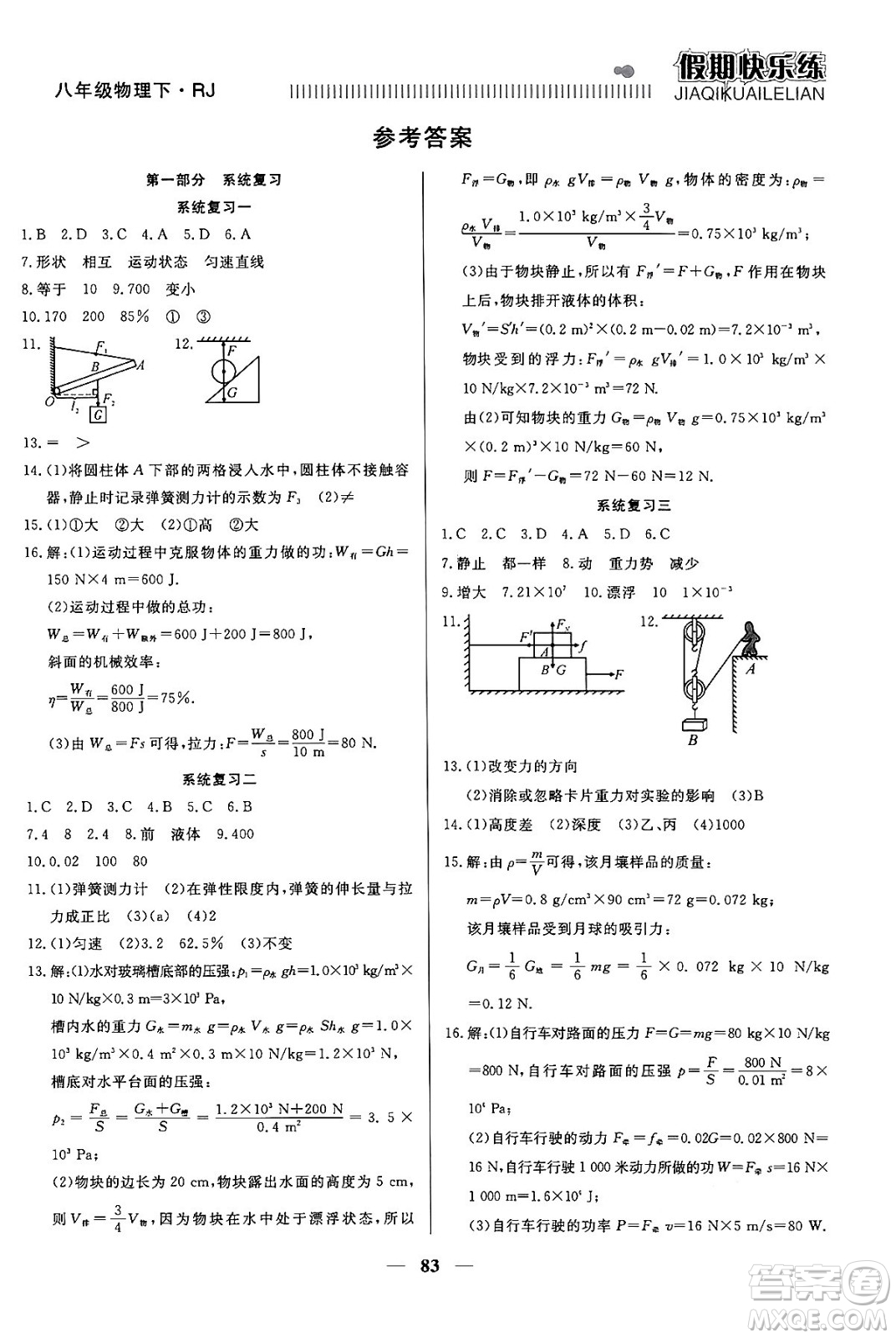 天津科學(xué)技術(shù)出版社2024年春金優(yōu)教輔假期快樂練八年級(jí)物理人教版答案