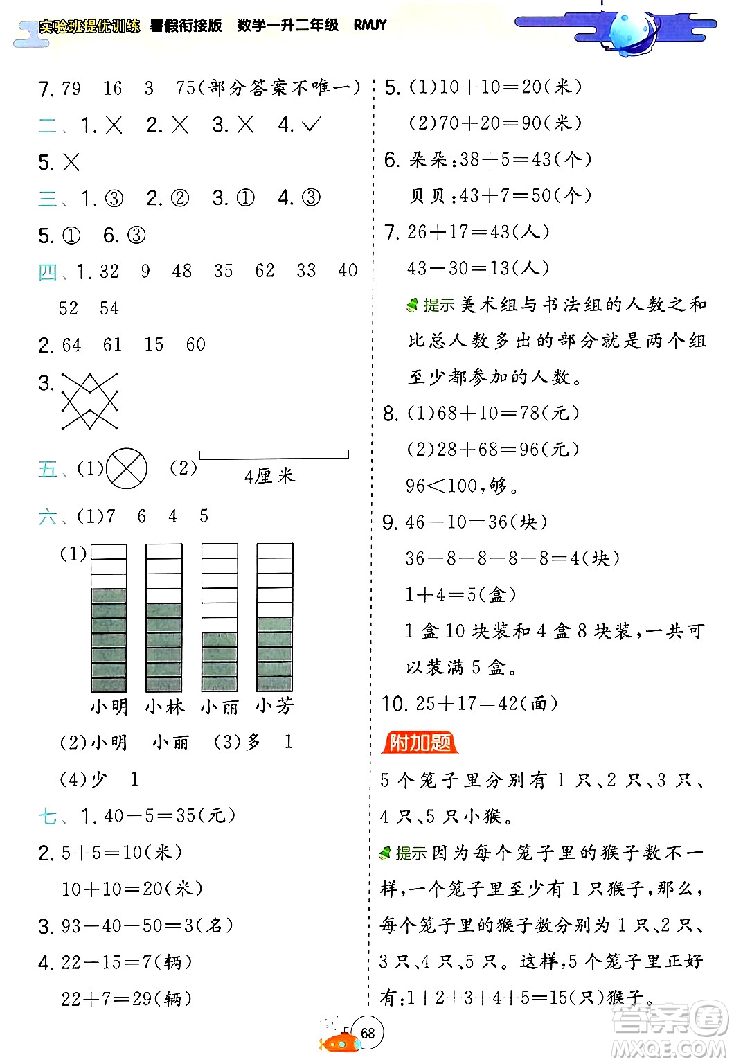 江蘇人民出版社2024年春實驗班提優(yōu)訓(xùn)練暑假銜接一升二年級數(shù)學(xué)人教版答案