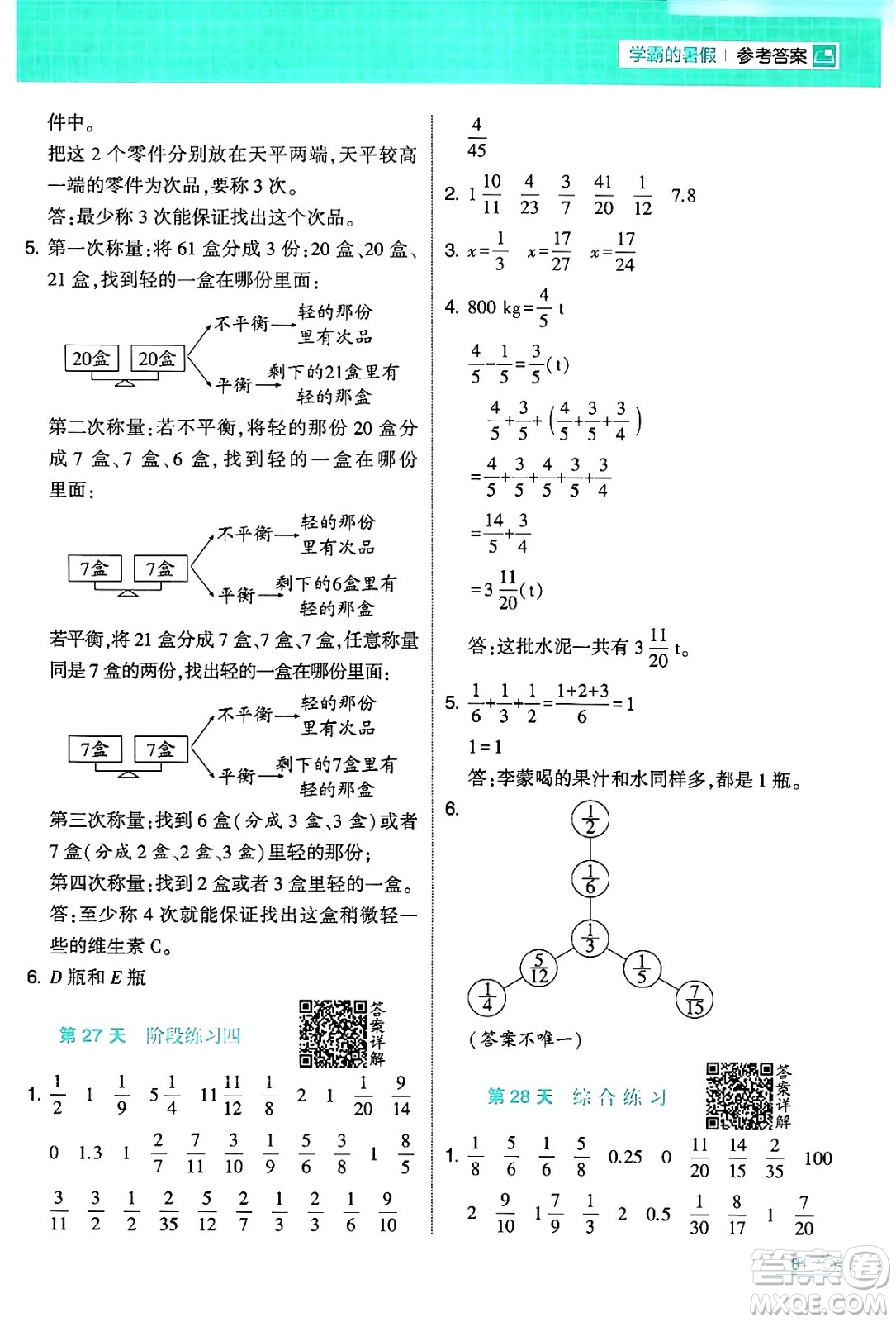 寧夏人民教育出版社2024年春經(jīng)綸學(xué)霸學(xué)霸的暑假計(jì)算暑假大通關(guān)五升六年級(jí)數(shù)學(xué)人教版答案