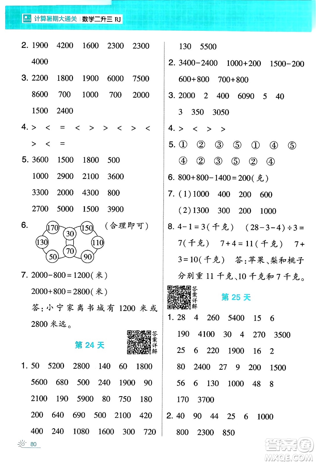 寧夏人民教育出版社2024年春經(jīng)綸學(xué)霸學(xué)霸的暑假計(jì)算暑假大通關(guān)二升三年級數(shù)學(xué)人教版答案