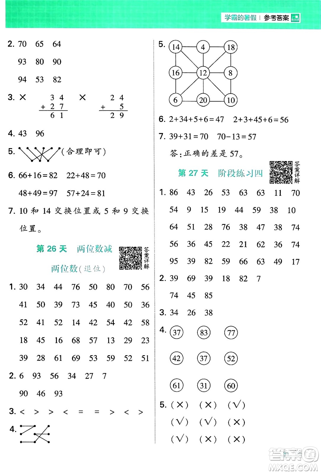 寧夏人民教育出版社2024年春經(jīng)綸學(xué)霸學(xué)霸的暑假計(jì)算暑假大通關(guān)一升二年級(jí)數(shù)學(xué)蘇教版答案