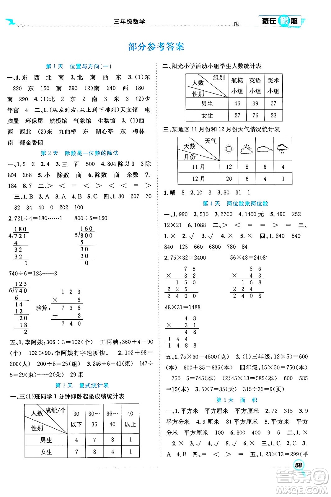 合肥工業(yè)大學(xué)出版社2024年春贏在假期期末+暑假三年級數(shù)學(xué)人教版答案