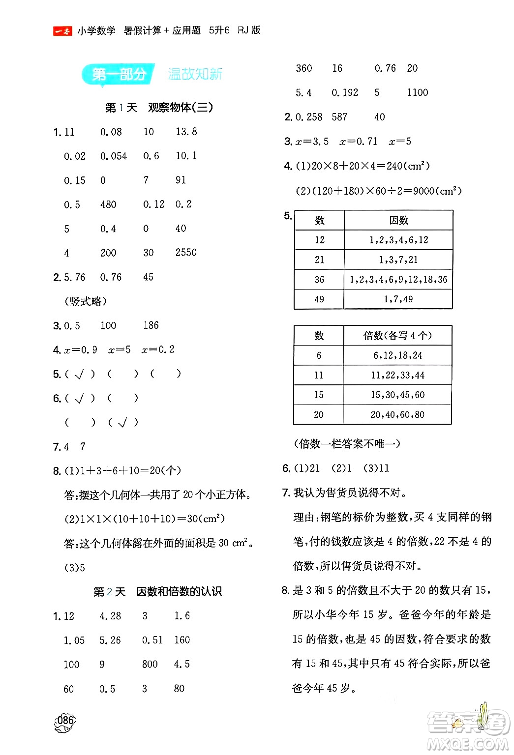 湖南教育出版社2024年一本暑假計(jì)算+應(yīng)用題五升六年級(jí)數(shù)學(xué)人教版重慶專(zhuān)版答案