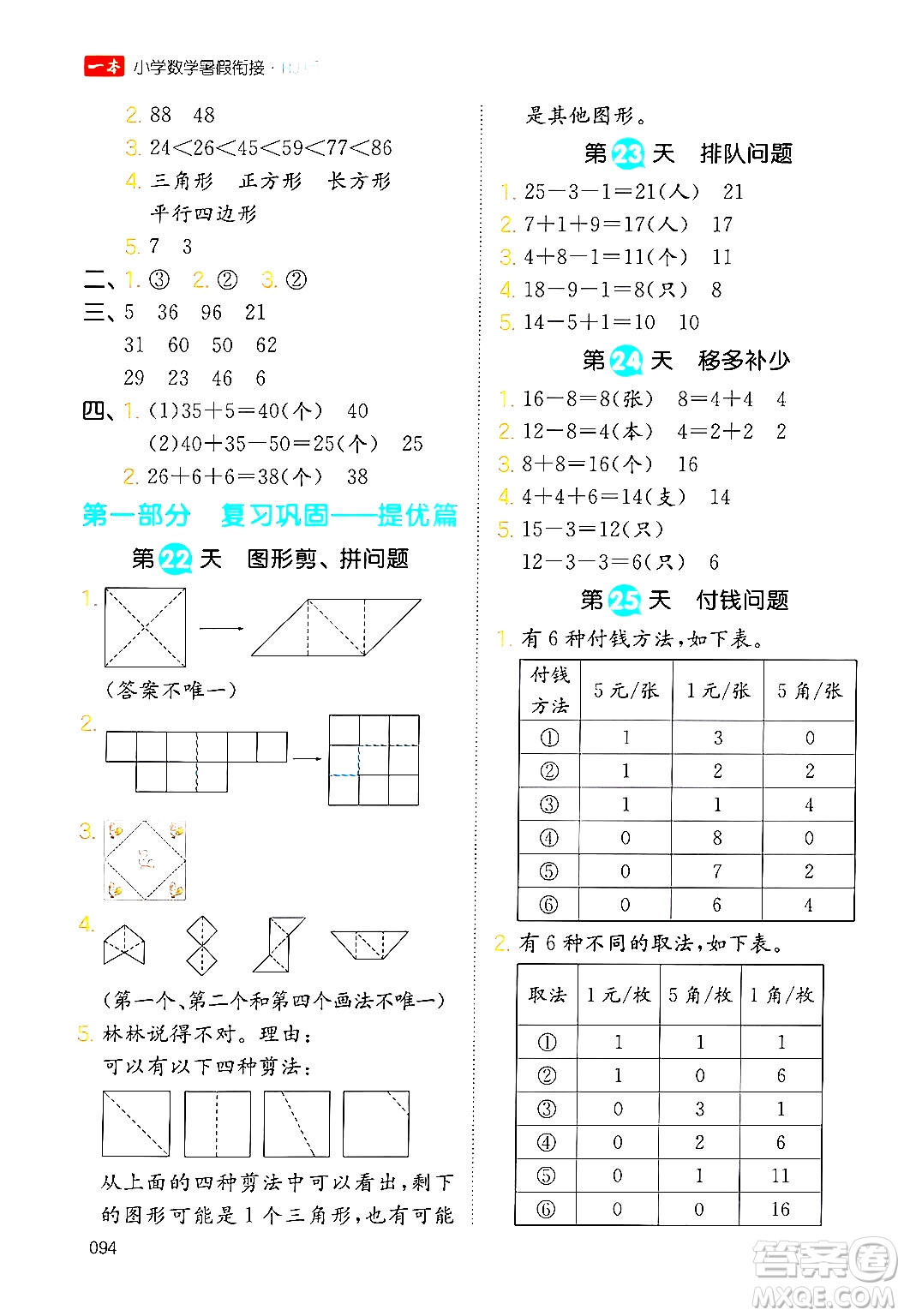 湖南教育出版社2024年一本暑假銜接1升2年級(jí)數(shù)學(xué)人教版福建專版答案