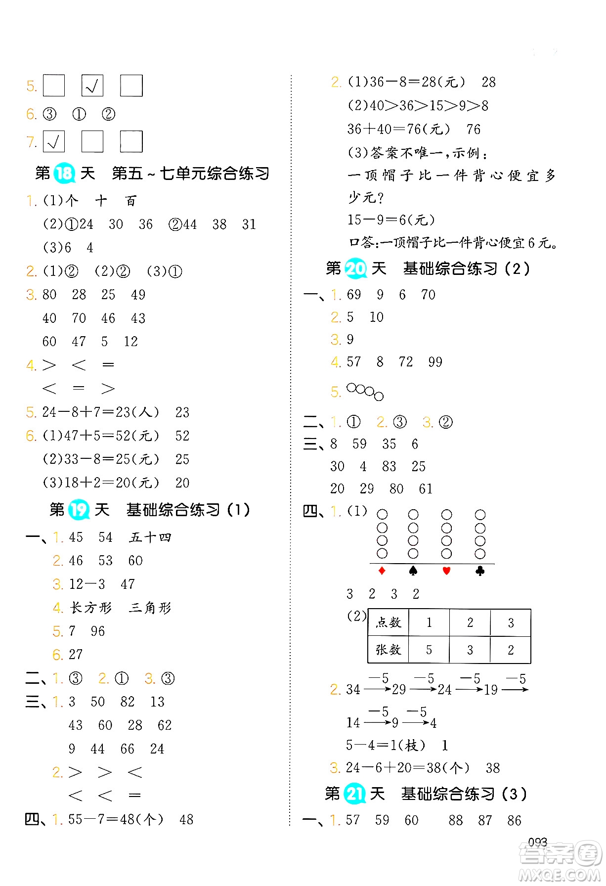 湖南教育出版社2024年一本暑假銜接1升2年級(jí)數(shù)學(xué)人教版福建專版答案