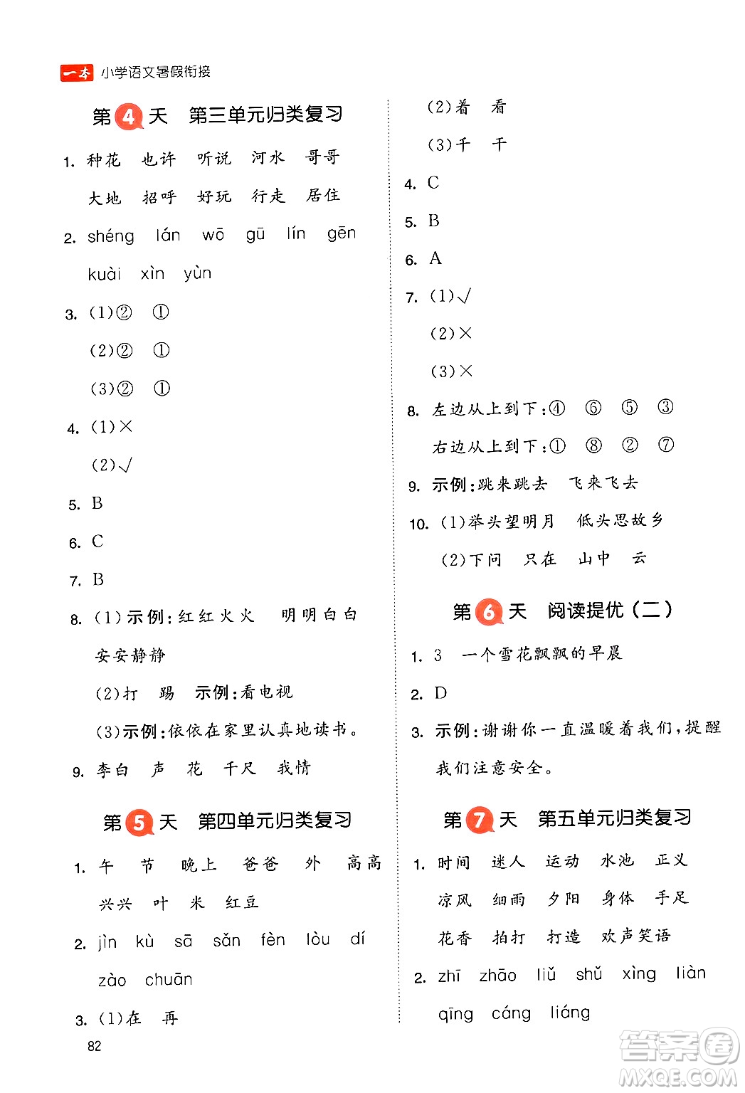 湖南教育出版社2024年一本暑假銜接1升2年級(jí)語(yǔ)文人教版福建專(zhuān)版答案